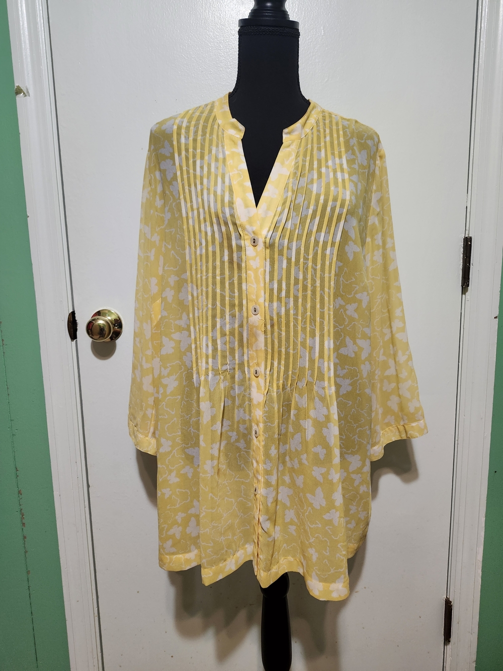 Charter Club Yellow and White Pintuck Button-Front Blouse